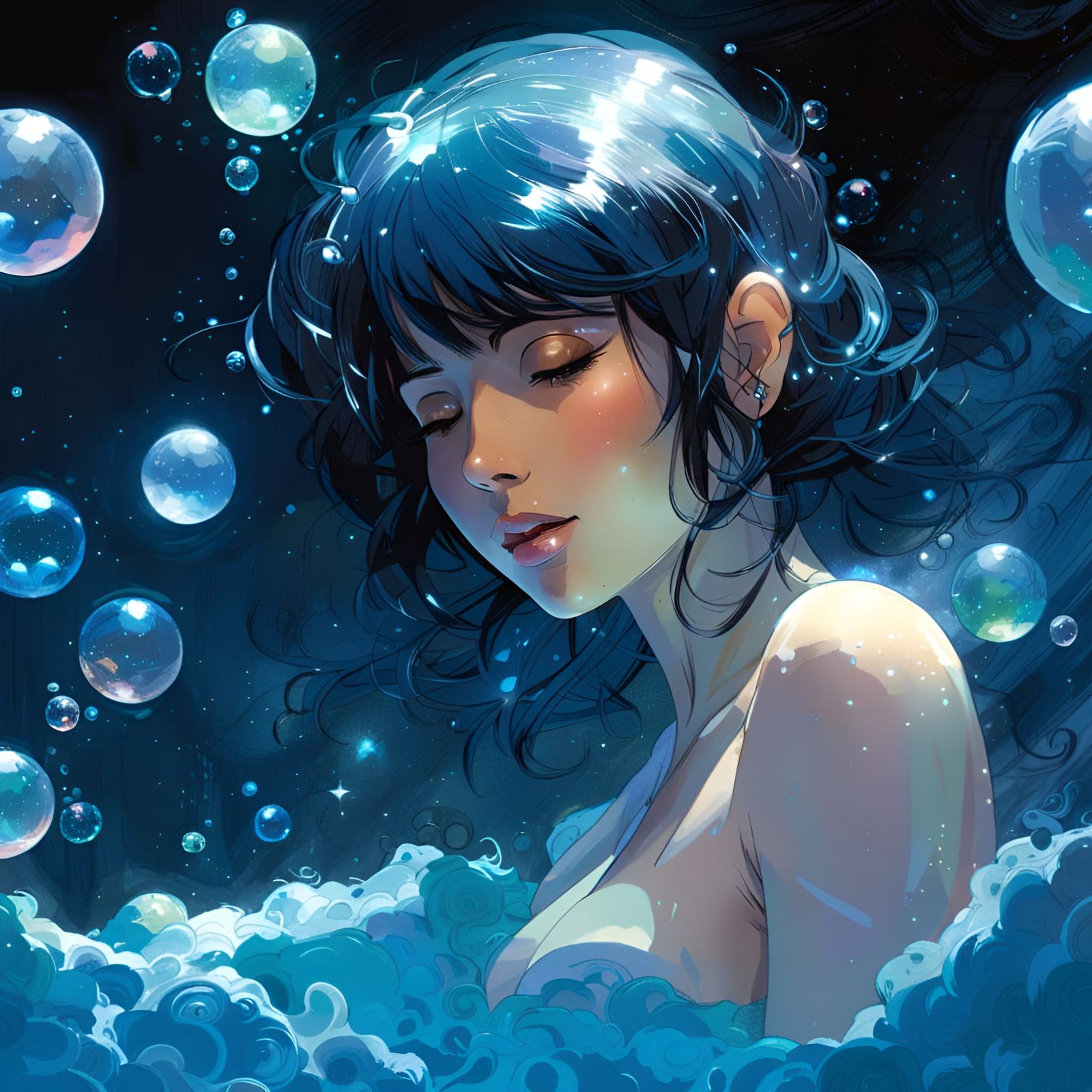 Woman's Cosmic Bath: Bioluminescent Milky Way Scene