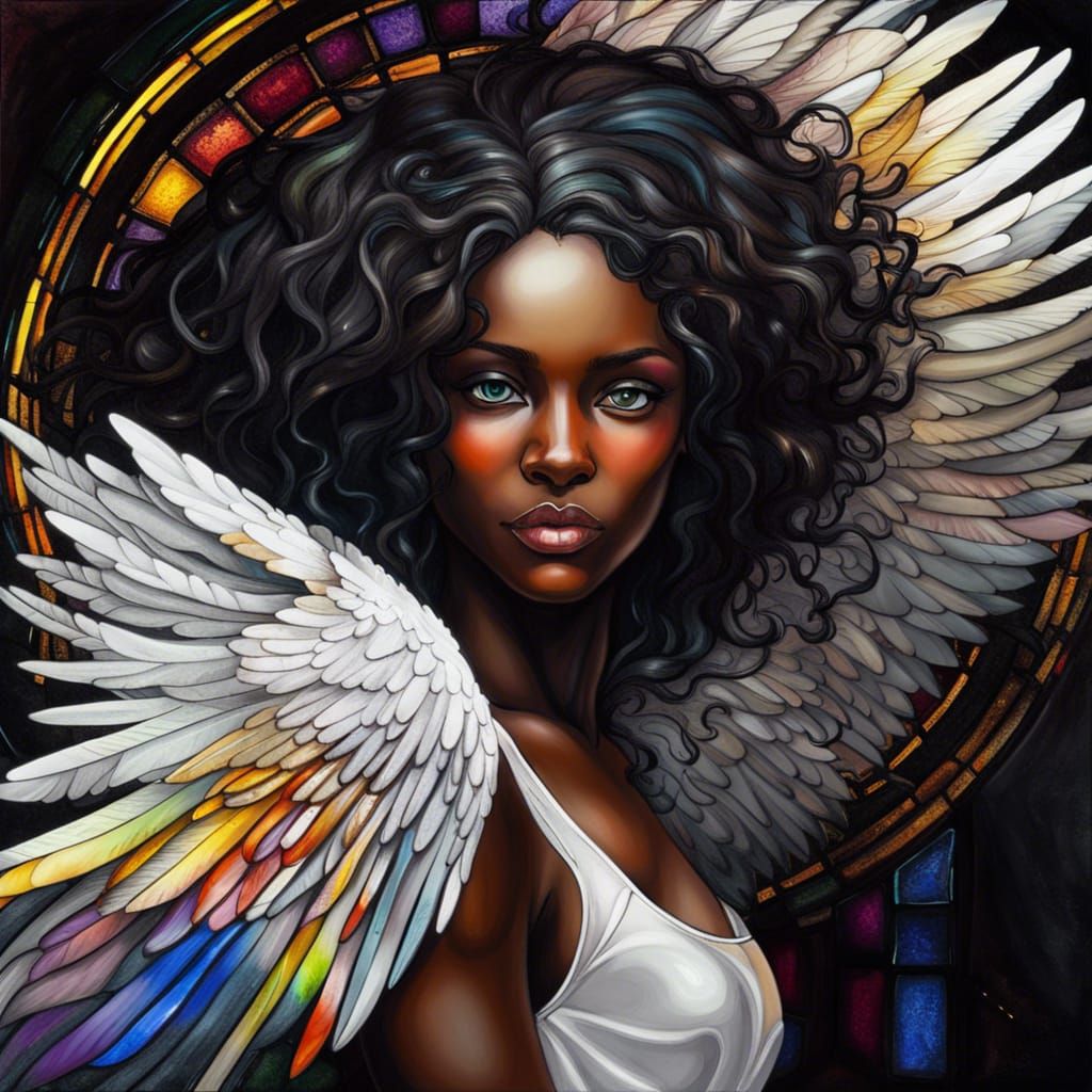 Mysterious Black Angel with Stained Glass Halo