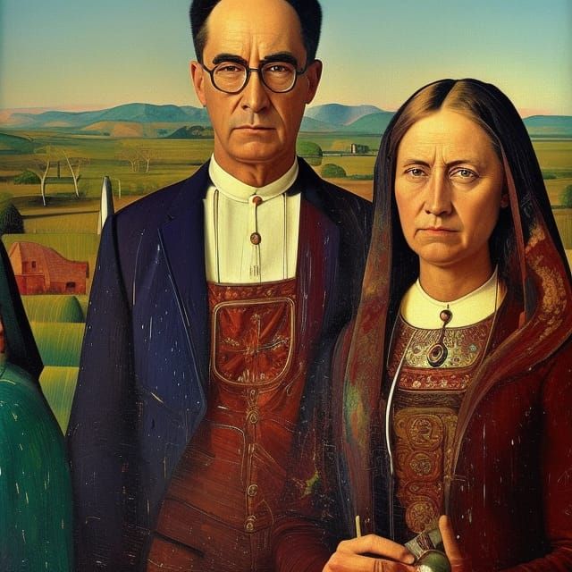 Portrait of woman and man in "American Gothic" painting.