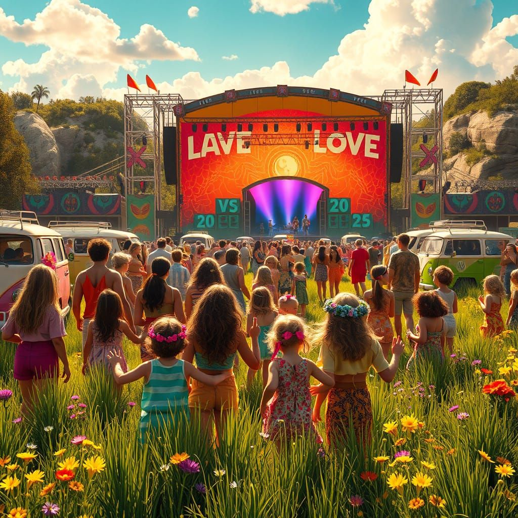 Vibrant Hippie Gathering in a Lush 1970s Meadow