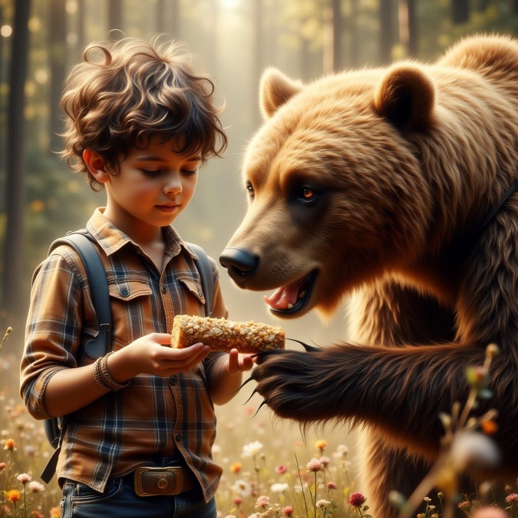 Boy and Smiling Grizzly Bear Opening Granola Bar