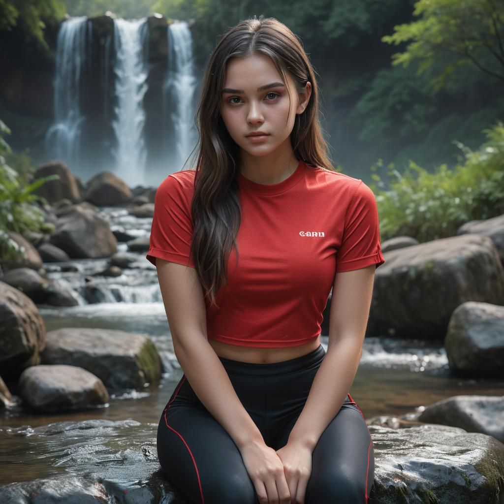 Girl in Bioluminescent Red Shirt in Autumn Forest