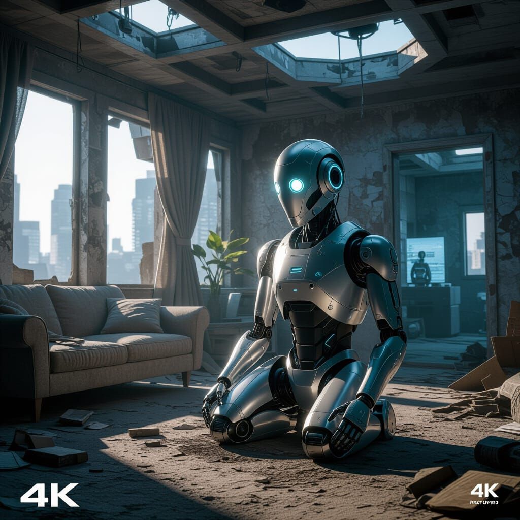 Futuristic Robot in Dystopian Landscape: 3D Rendering