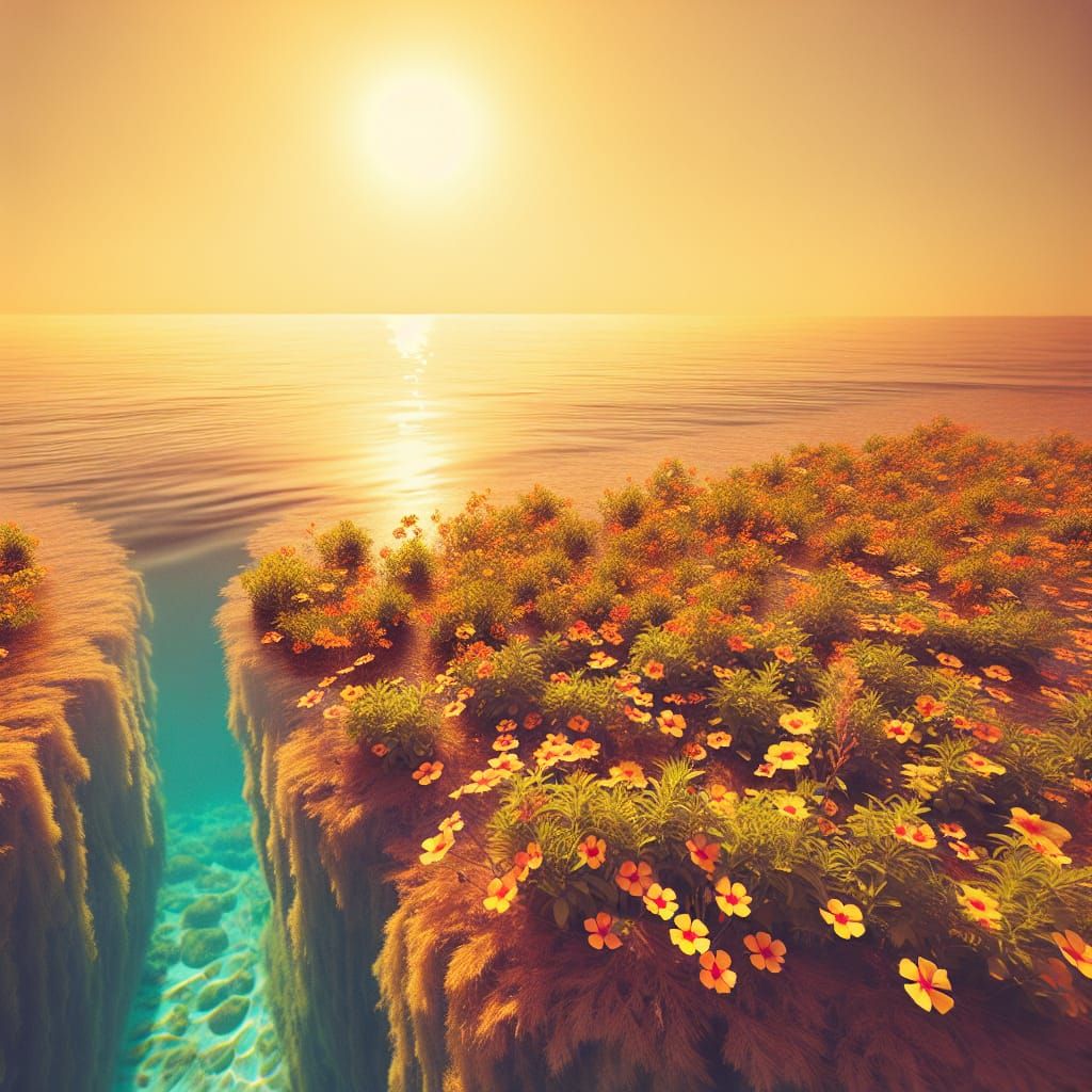 Idyllic Seascape with Split Ocean and Flower Patch