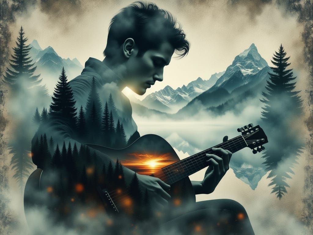 Dreamy Fantasy Guitarist Amidst Majestic Mountains