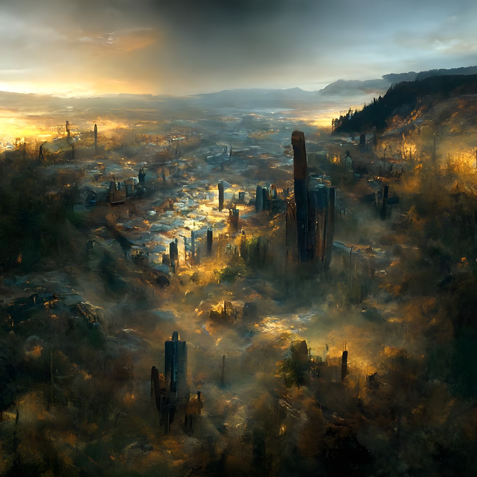 Post-Apocalyptic City Sunrise in Hyperrealism Style