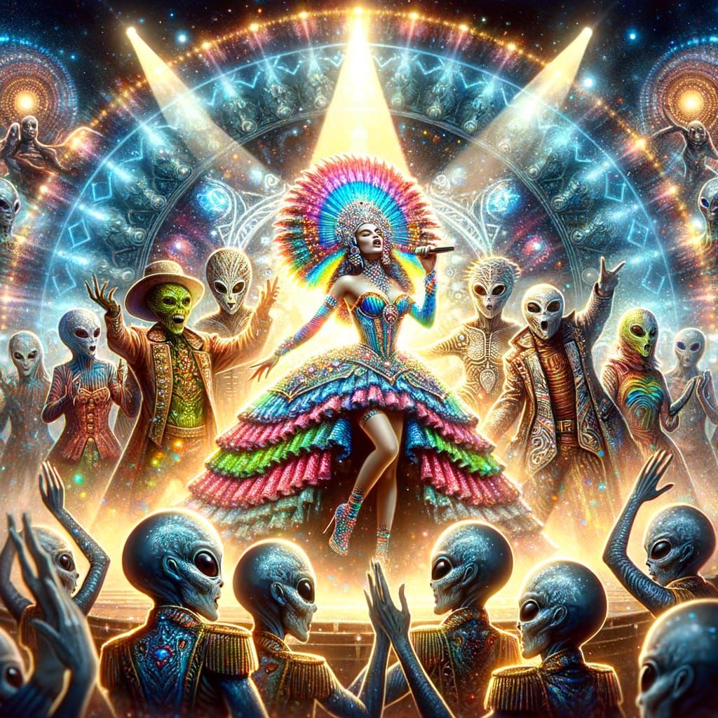 Futuristic Showgirl Performing for Aliens in Romantic Style