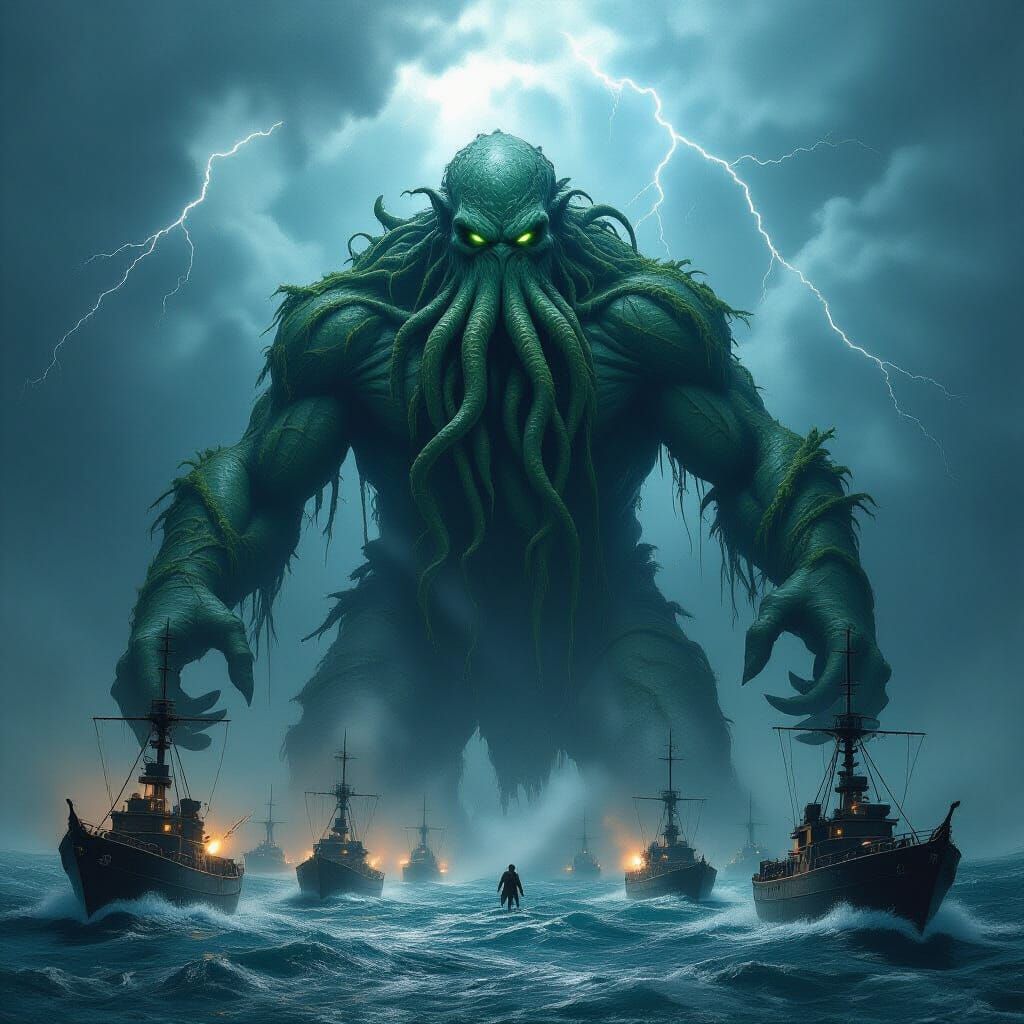 Cthulhu's Rise: Sea Monster Battle in Dark Fantasy Style