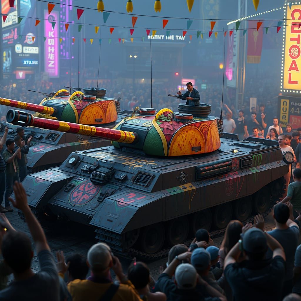 Taco-Painted Tanks Parade in Futuristic Style