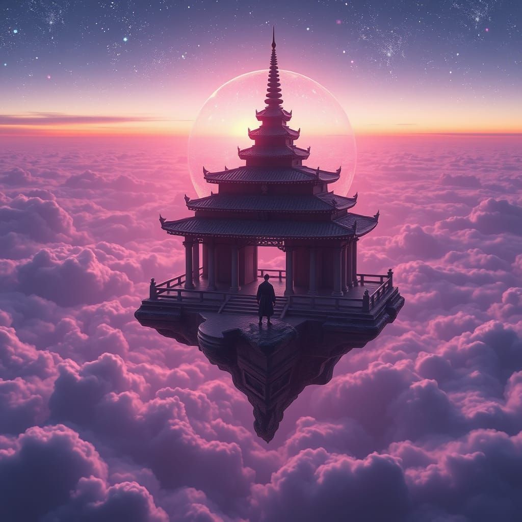 Karate Master in Floating Temple with Dreamlike Lighting