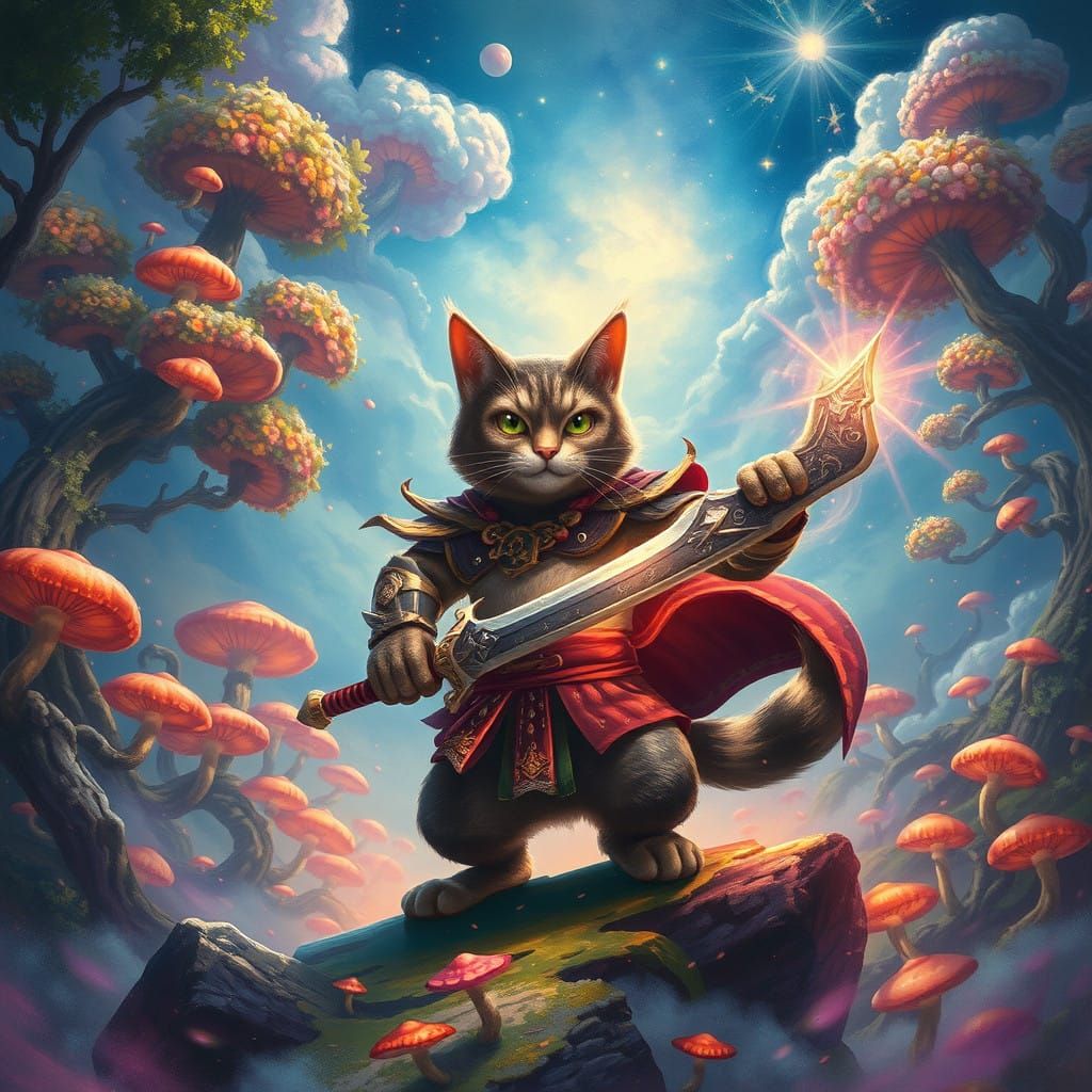 Heroic Cat in Vibrant Mystic Realm Fantasy Art