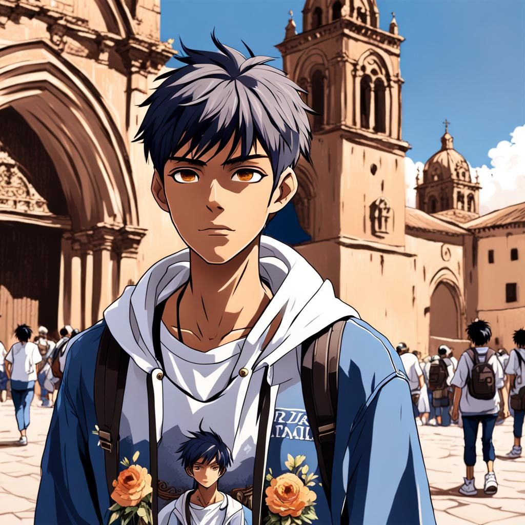 Anime Boy in Cusco Main Square, Digital Art