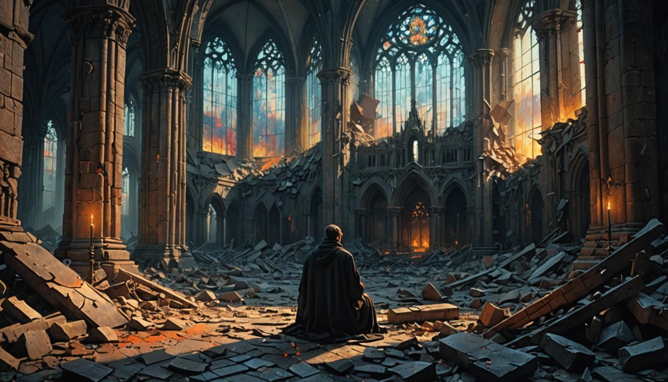 Melancholic Figure in Ruined Cathedral as Oil Painting