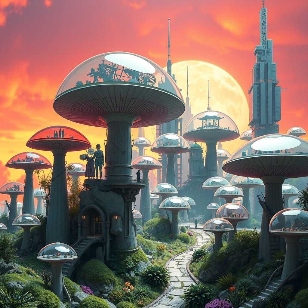 Futuristic Eco-City of Transparent Mushroom Towers