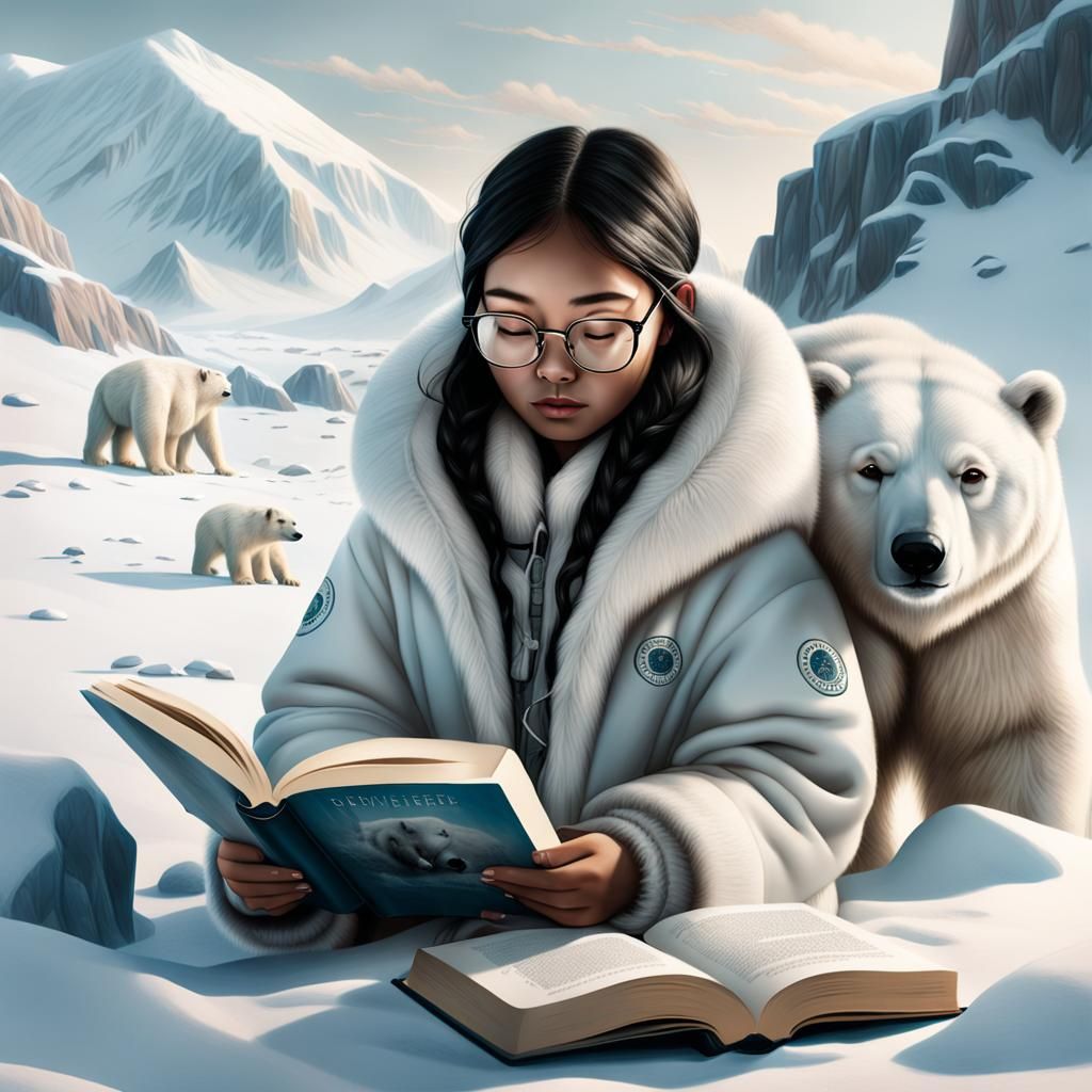 Inuit Girl and Polar Bear Read in Snowy Landscape