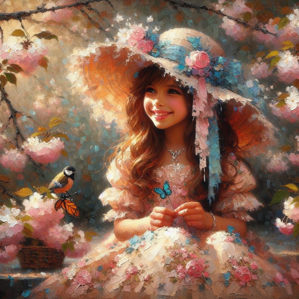 Girl in Cherry Tree: Impressionistic Painting