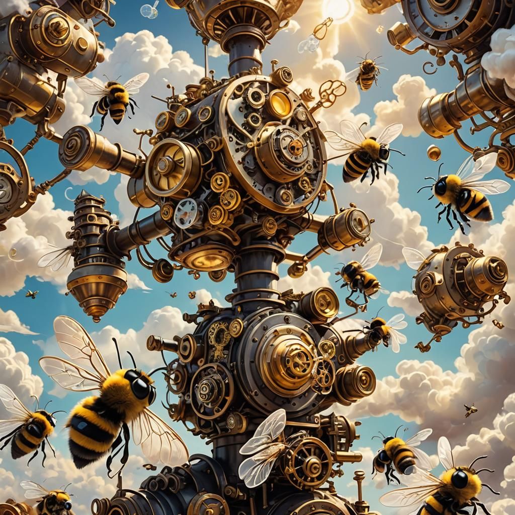 Steampunk Bumble Bees Feast in Dreamy Sunlight