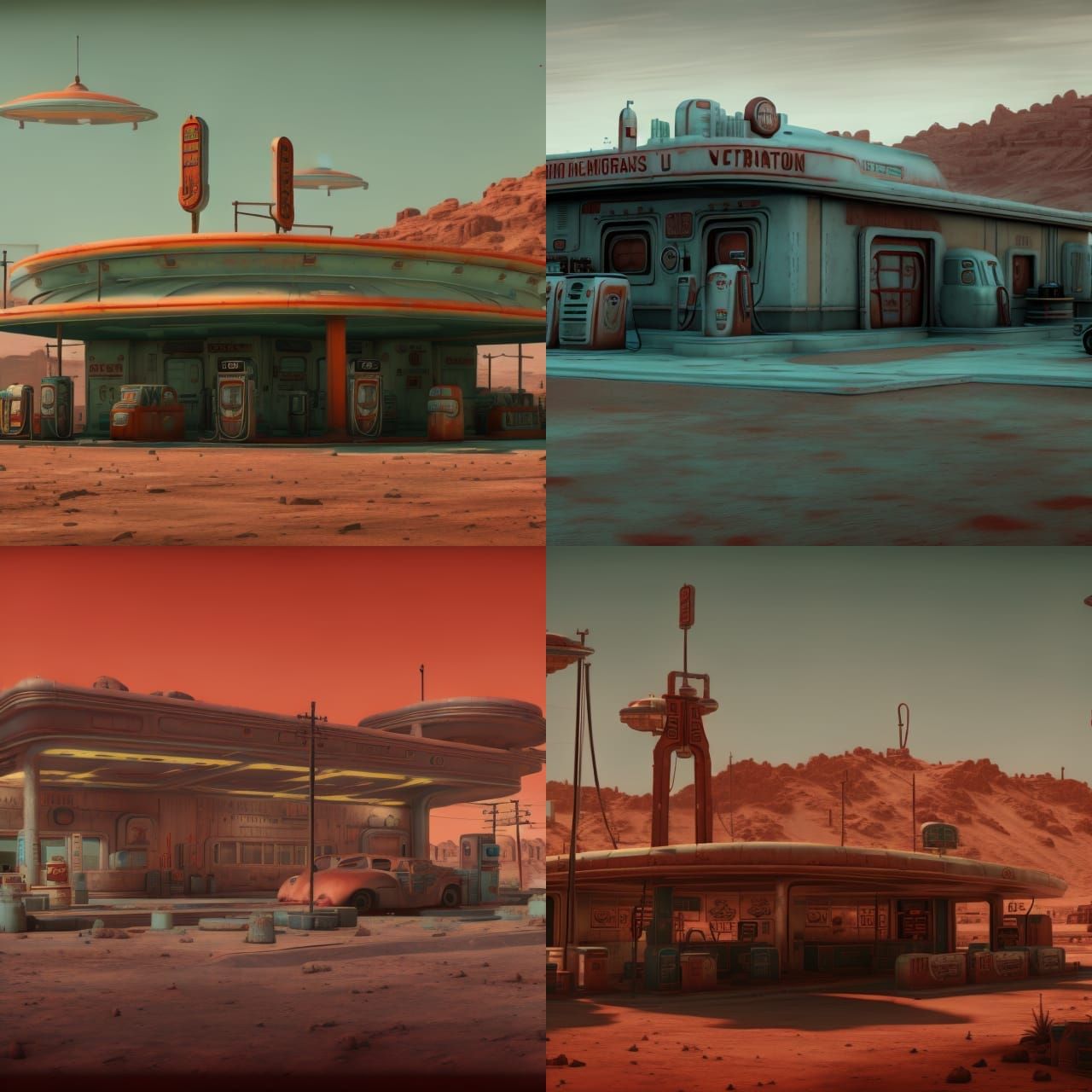Retro Gas Station on Mars in 1940s Sci-Fi Style