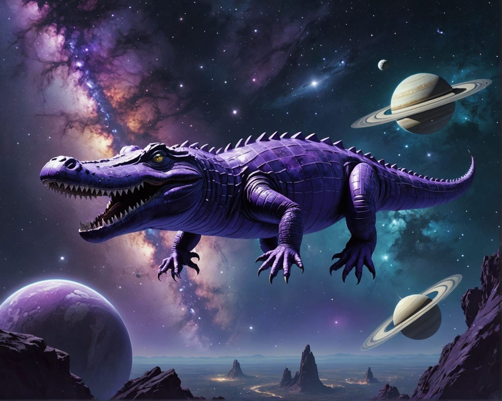Inflatable Crocodile Floats Through Space Galaxy Painting