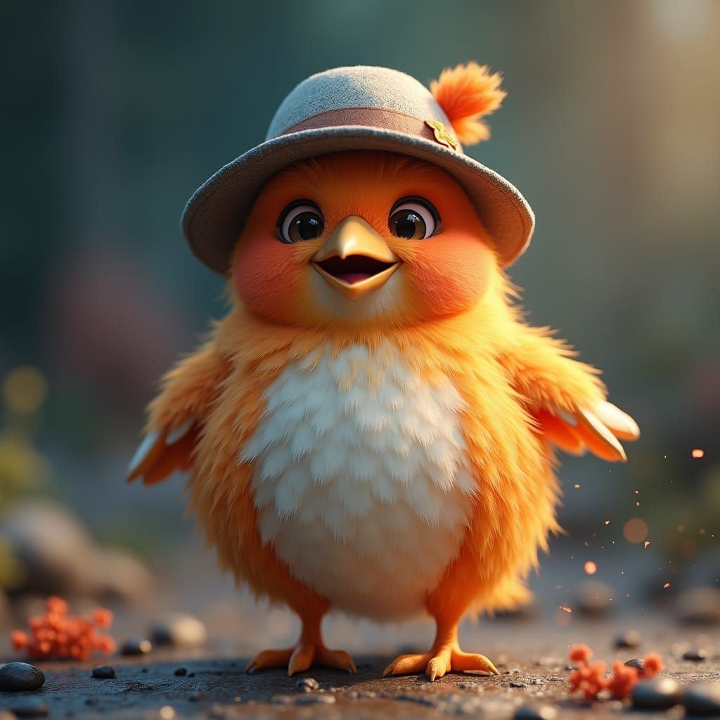 Fluffy Bird Wearing a Hat in Detailed Painting
