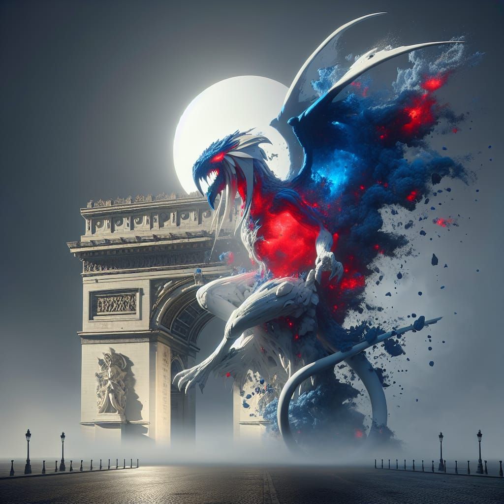 Fantasy Monster Atop Arc de Triomphe in Dark Surrealism