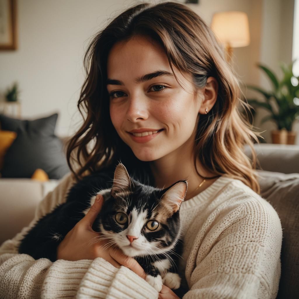 Woman Snuggling Cat in Cozy Living Room