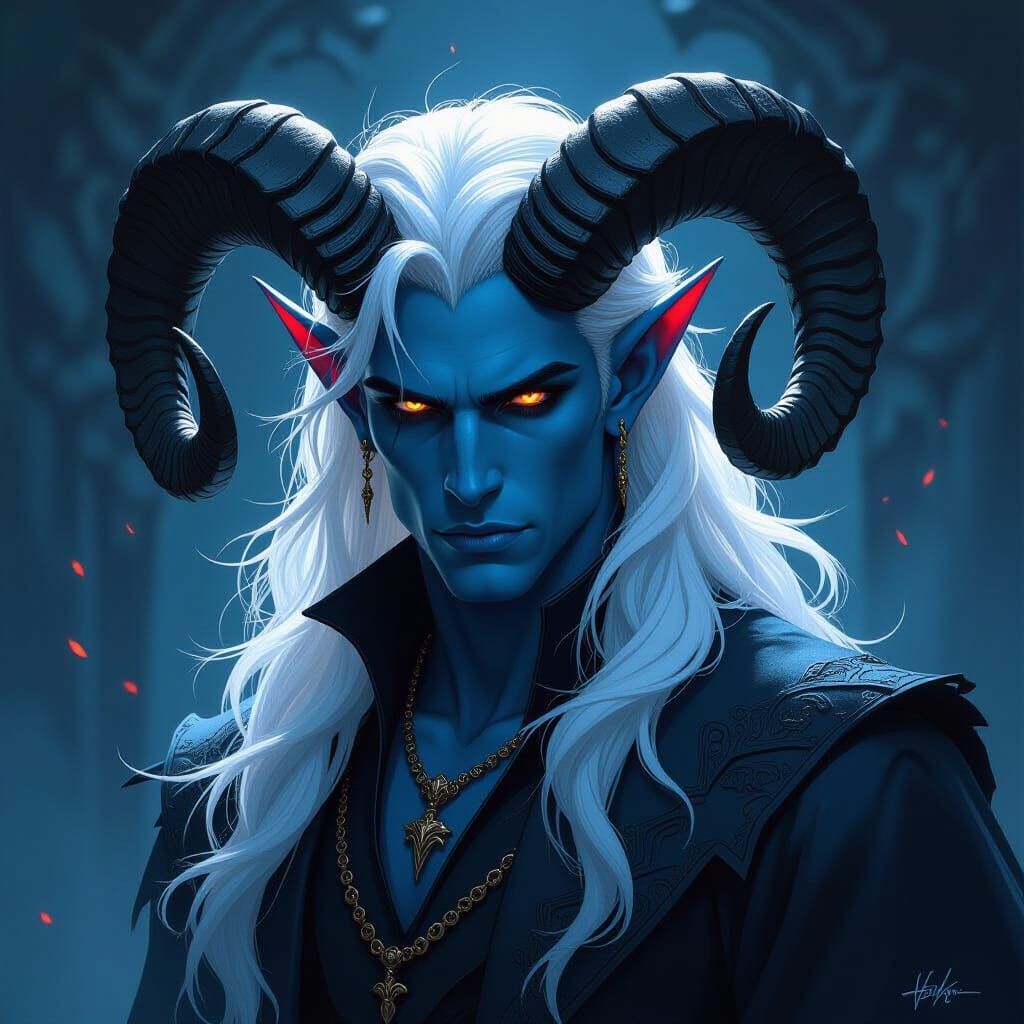 Blue Tiefling Male with White Hair and Black Ram Horns