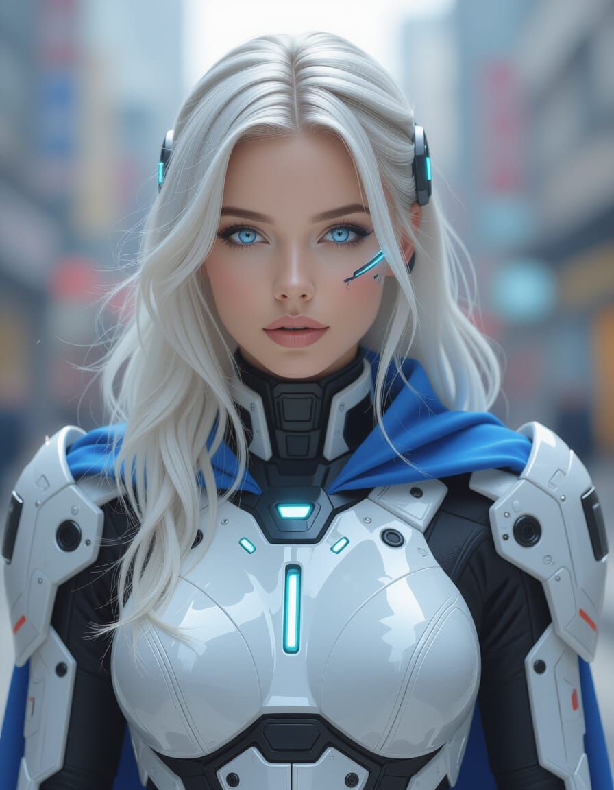 Cyberpunk Cyborg Girl with Glowing Eyes in Futuristic Suit