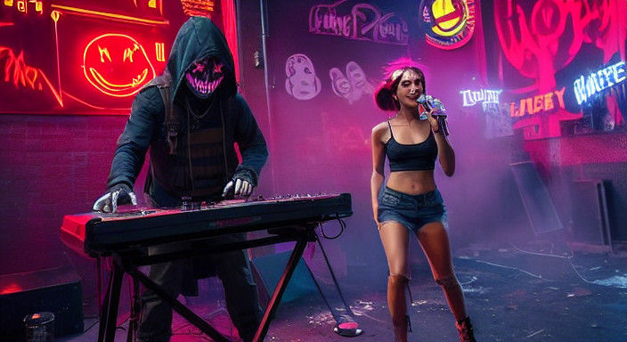 Cyberpunk Figure Performs with Dystopian Cheerleaders in Neo...