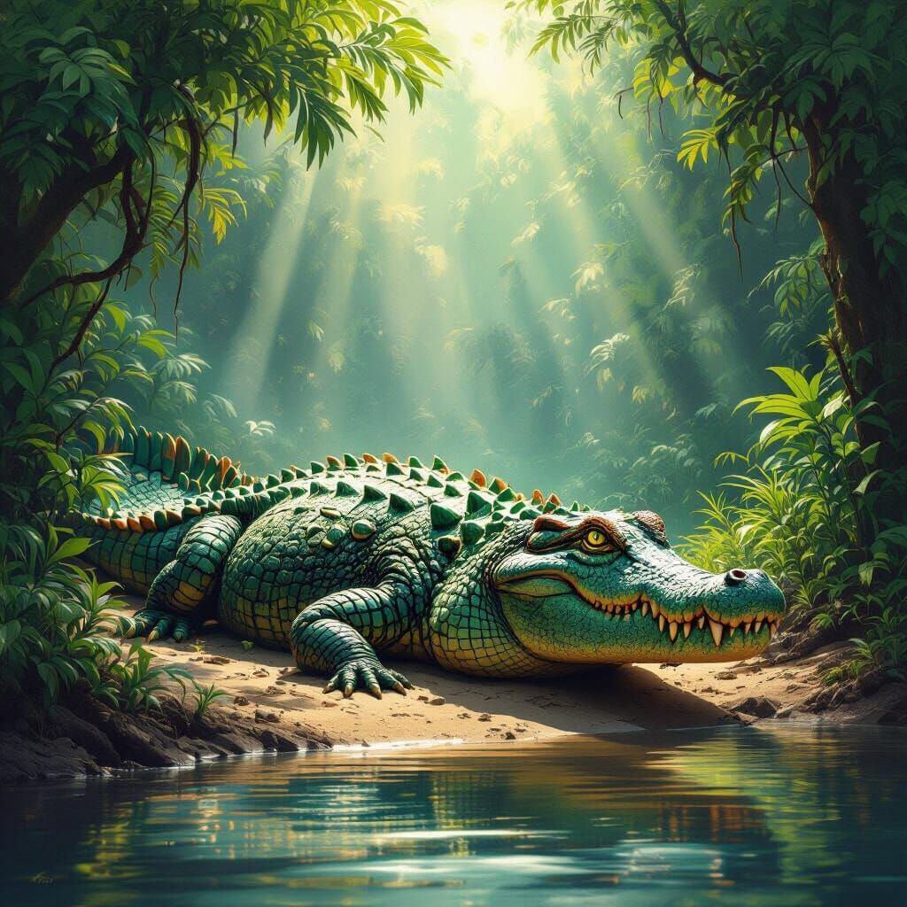 Fearsome Prehistoric Crocodile in Lush Jungle