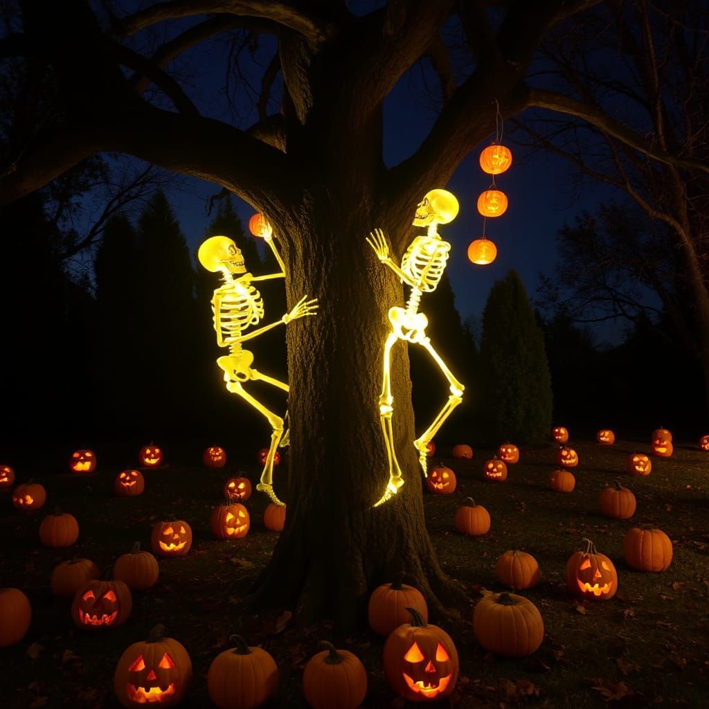 Glowing Skeletons Ascend Tree Amidst Jack-o'-lanterns