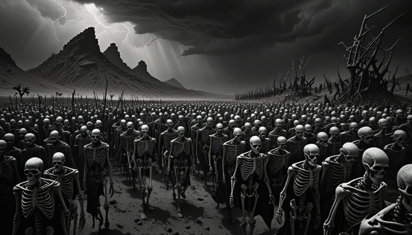 Grotesque Skeletal Procession in Symbolist Engraving Style