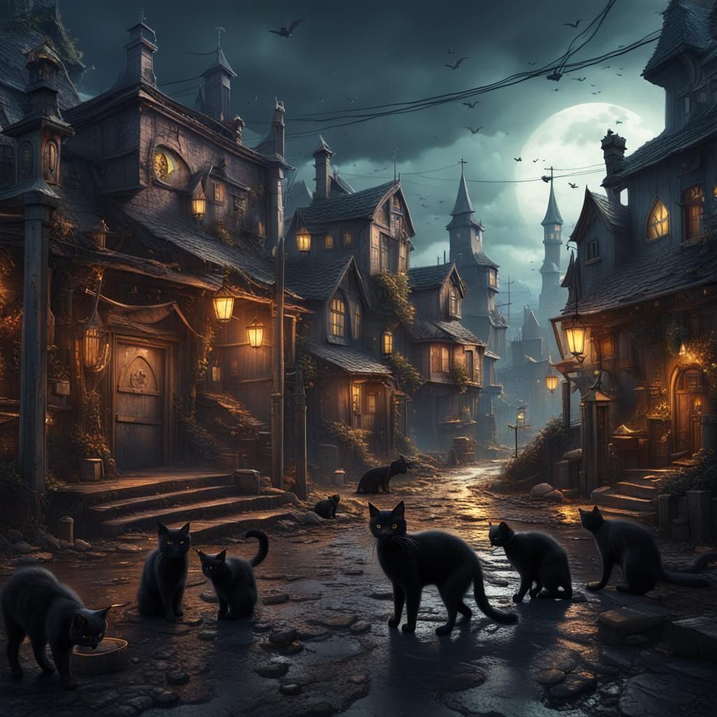 Grunge Townscape with Black Cats: Fantasy Art