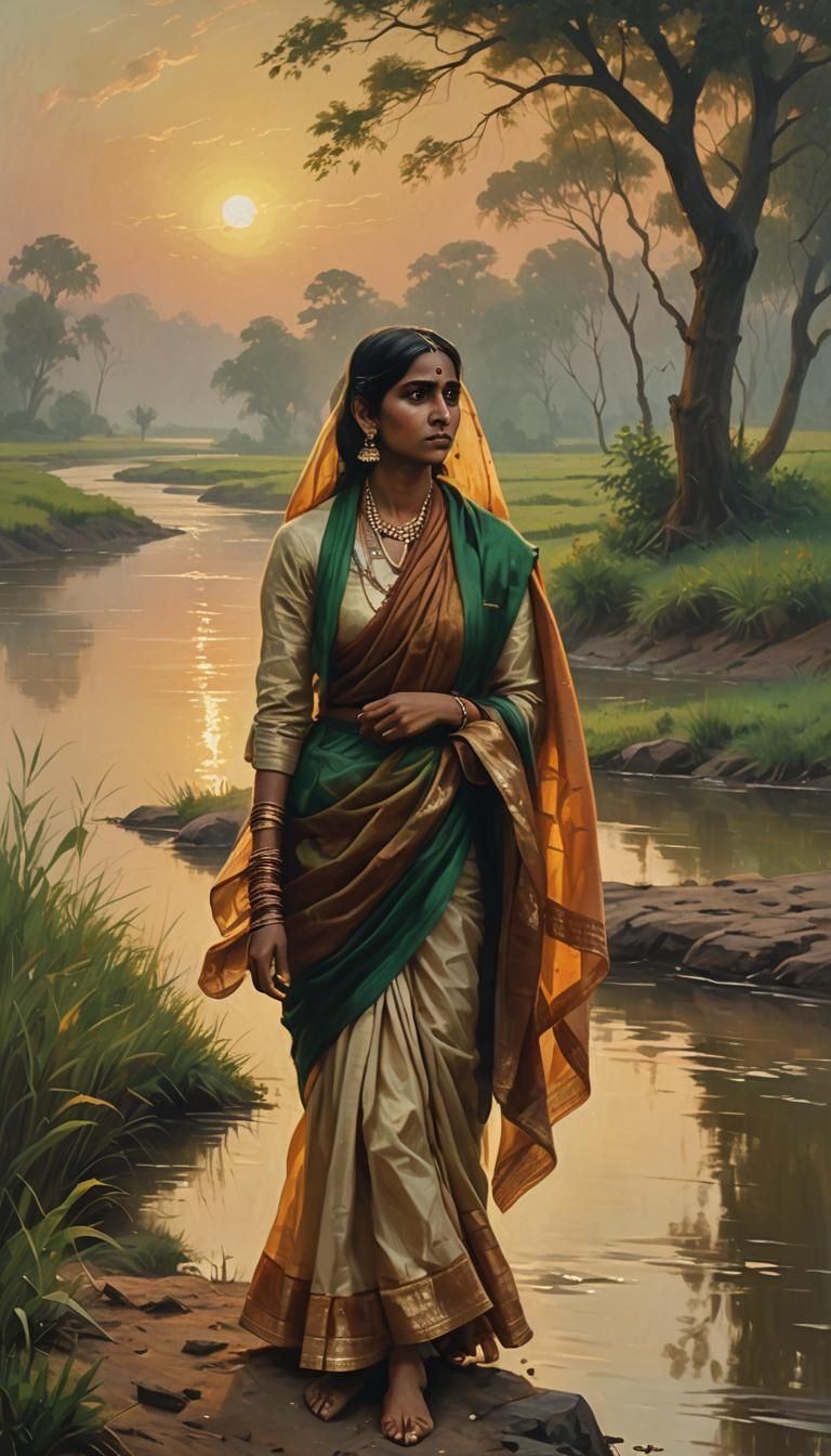 Retro Indian Cinematic Hero at Sunset in Oil Painting