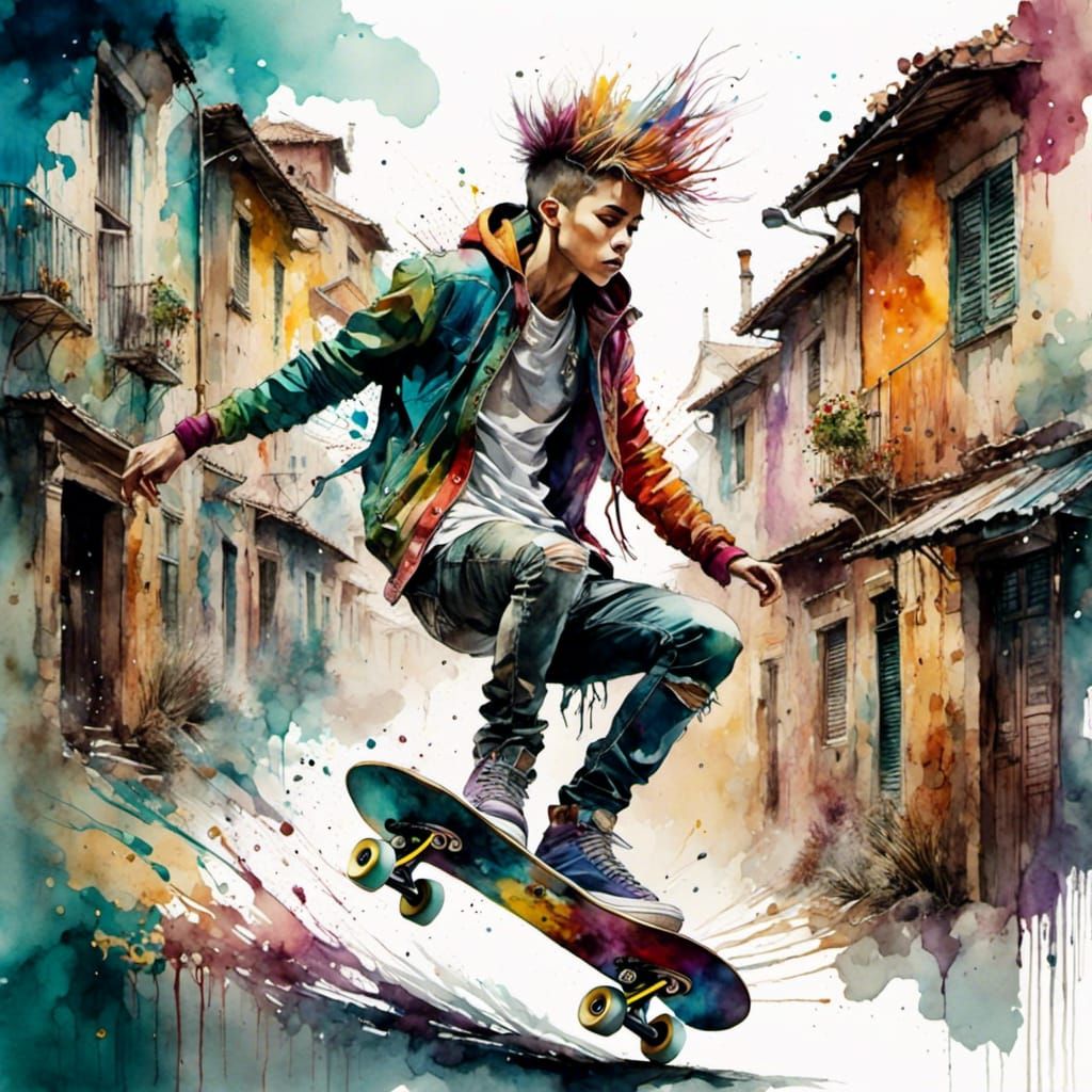 Watercolor Punk Skateboarder in Winter Town