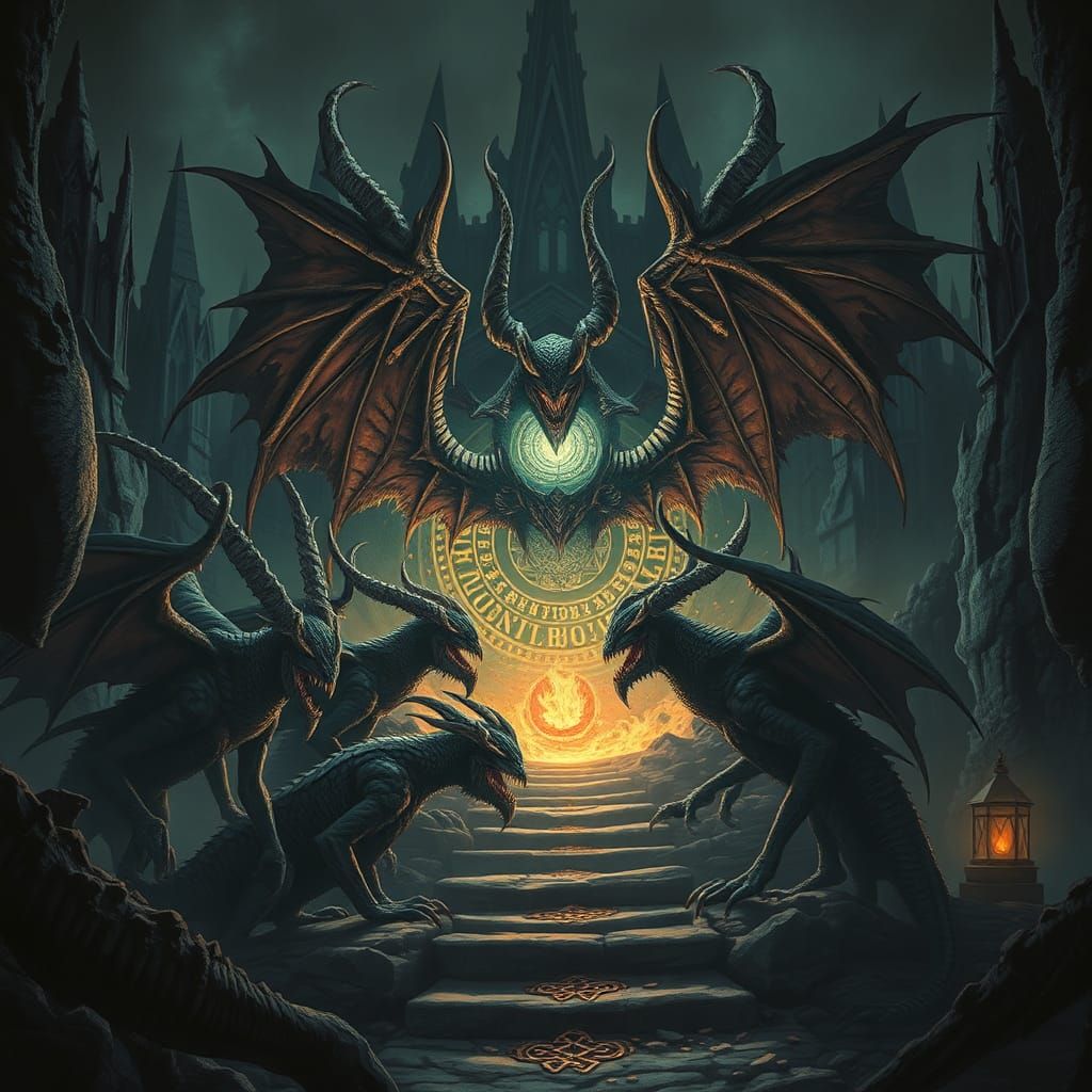Ominous Gathering of Majestic Demons in Gothic Landscape