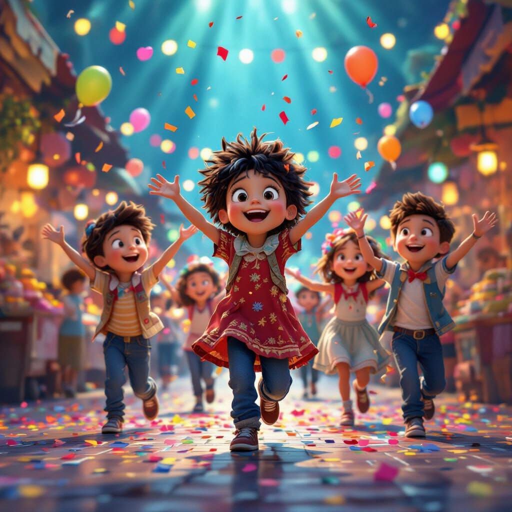 Children Dancing in Vibrant Market with Disco Fever