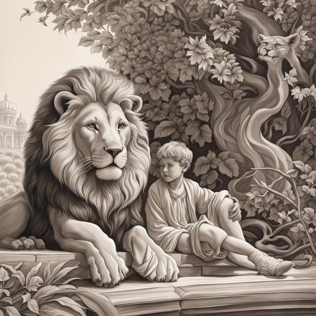 Boy and Lion Walk in Classical Antiquity Style