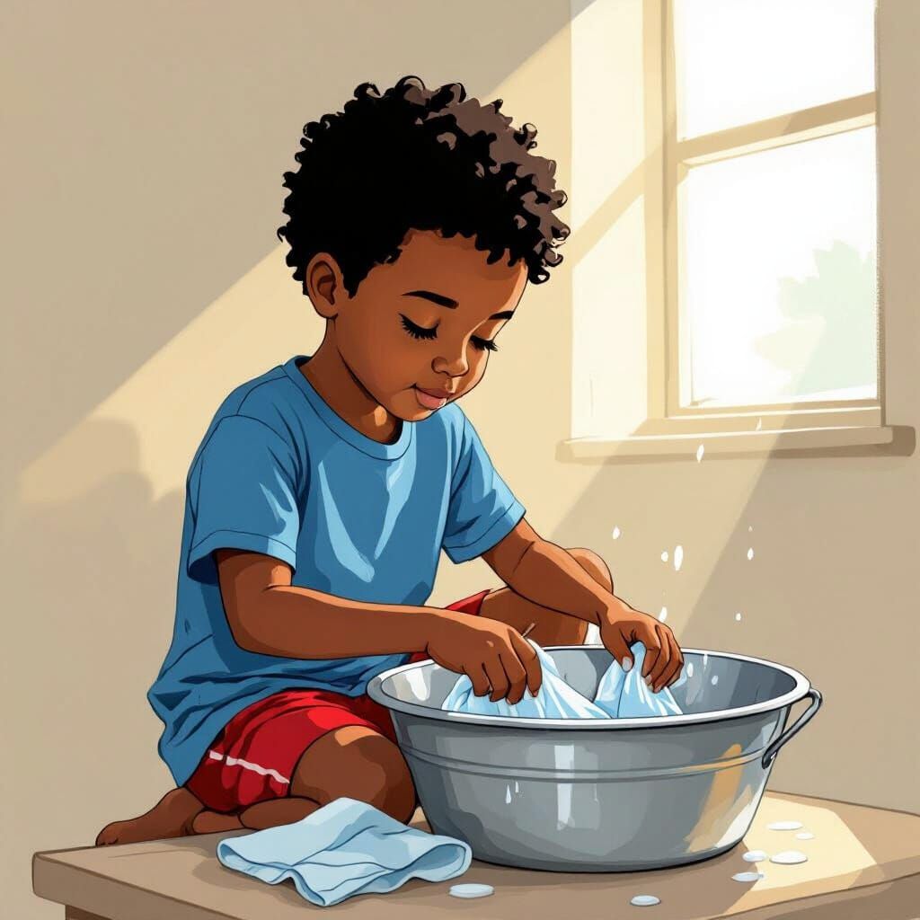 African Boy Washing Socks in Minimalist Vector Art