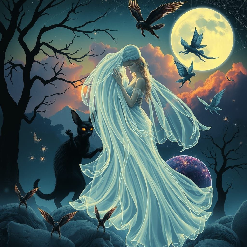 Ghostly Lovers in Gothic Astral Illustration