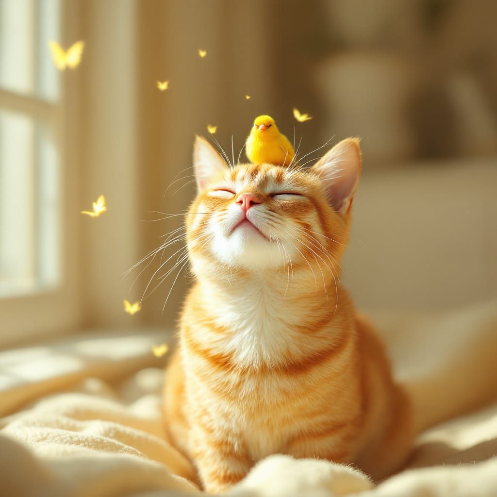 Orange Cat with Canary in Pastel Yellow Room