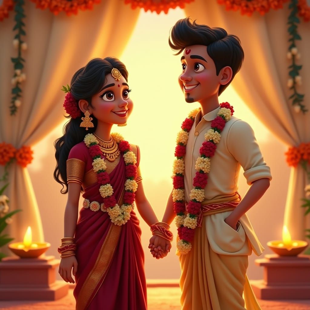 Tamil Wedding Couple in Vibrant Traditional Attire