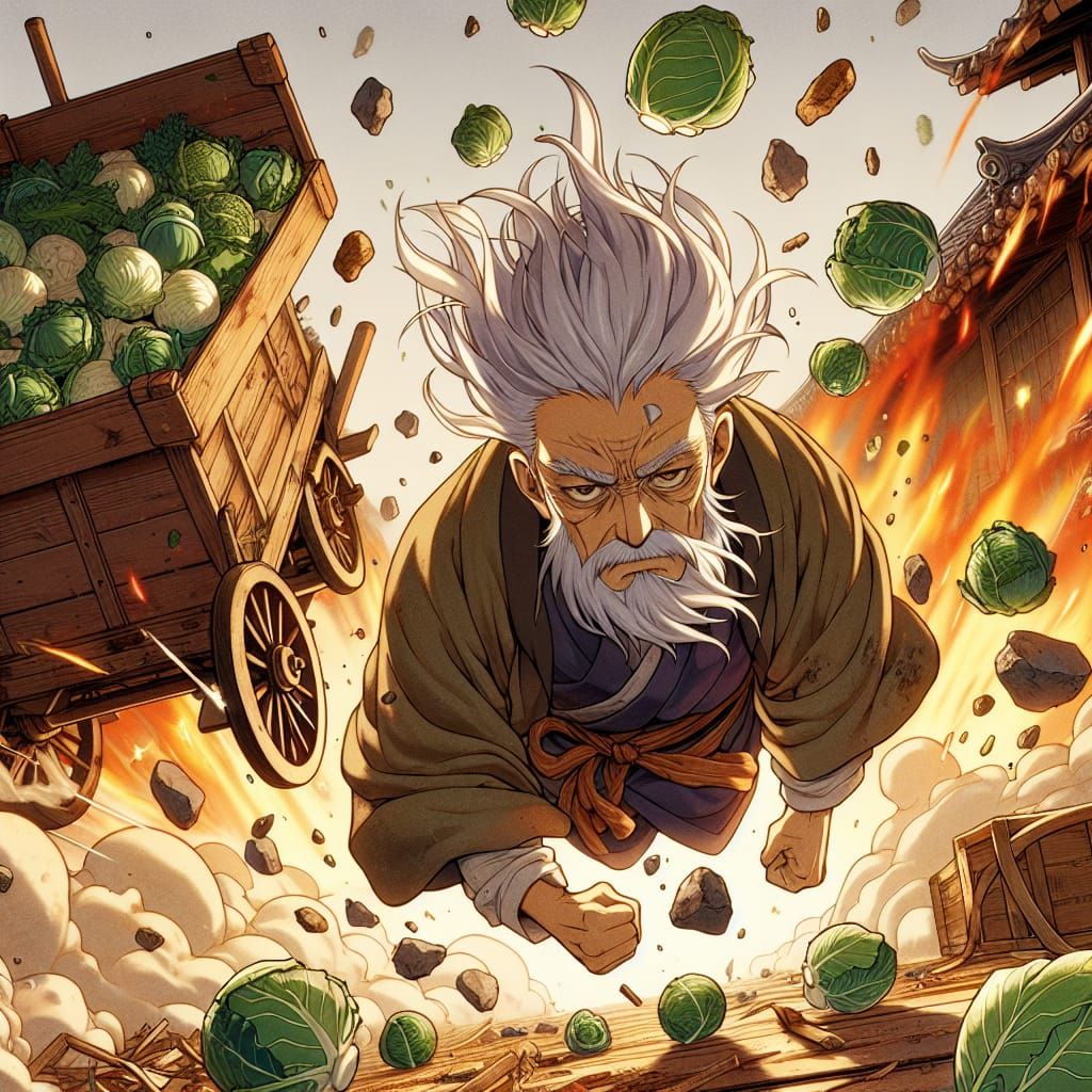 Furious Merchant in Anime Style Cabbage Catastrophe