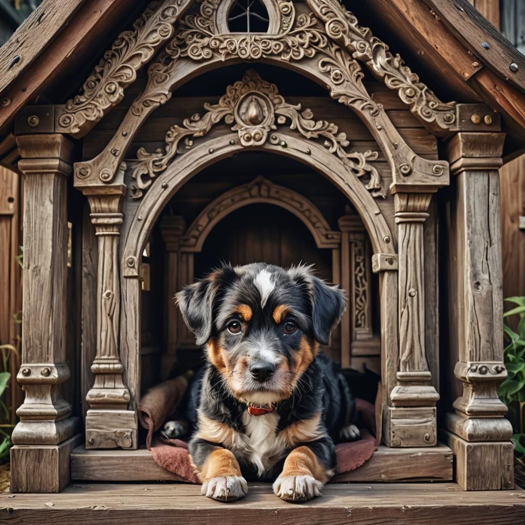Hyperrealistic Dog in a Fancy Dog House