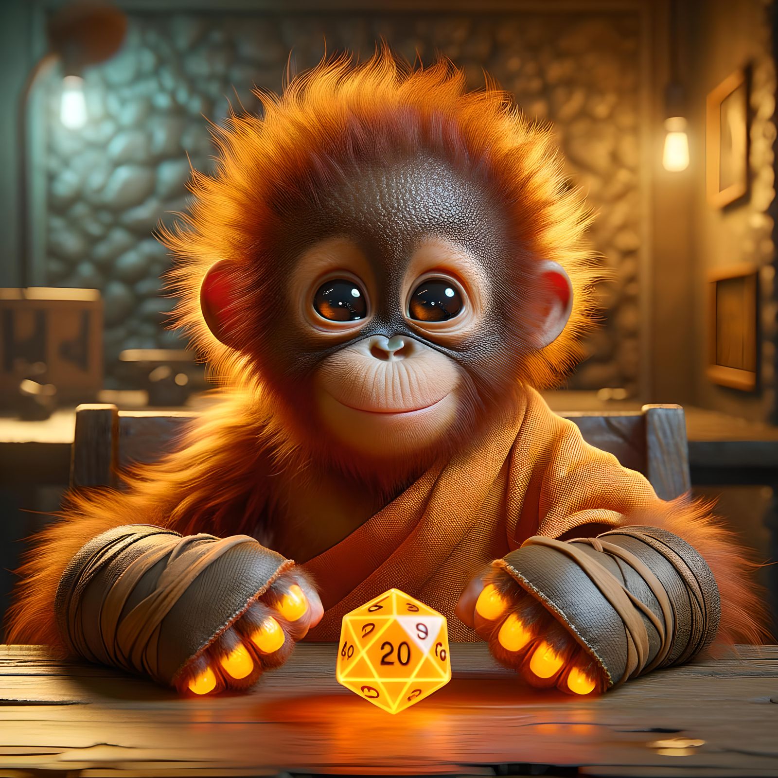 Orangutan Monk with Glowing Dice: Digital Art