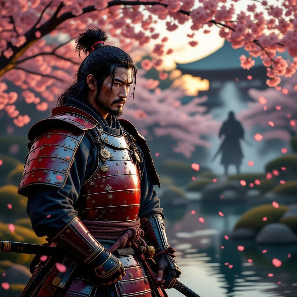 Samurai Warrior in Japanese Garden at Dusk