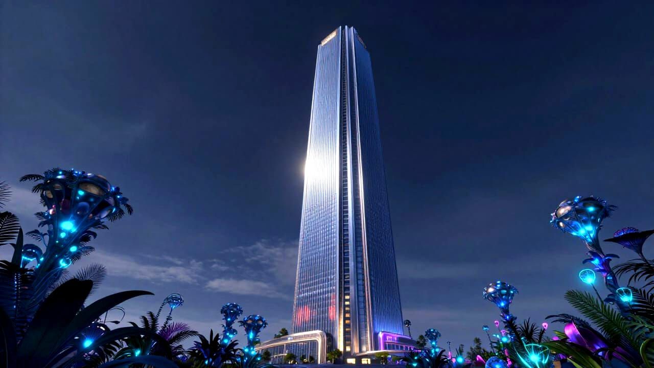 Futuristic Skyscraper Amidst Bioluminescent Alien Flora