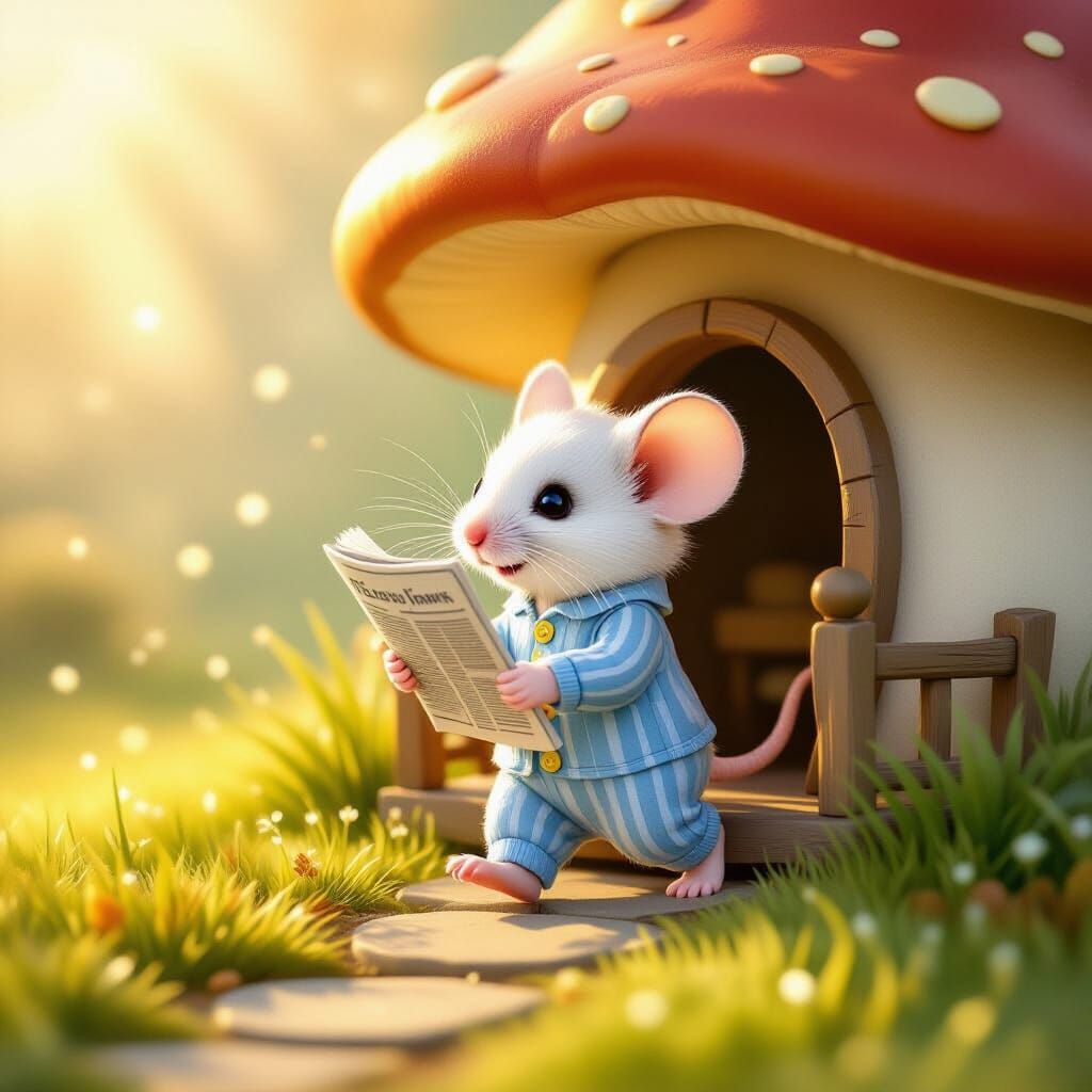 Mouse Collects Newspaper From Mushroom House