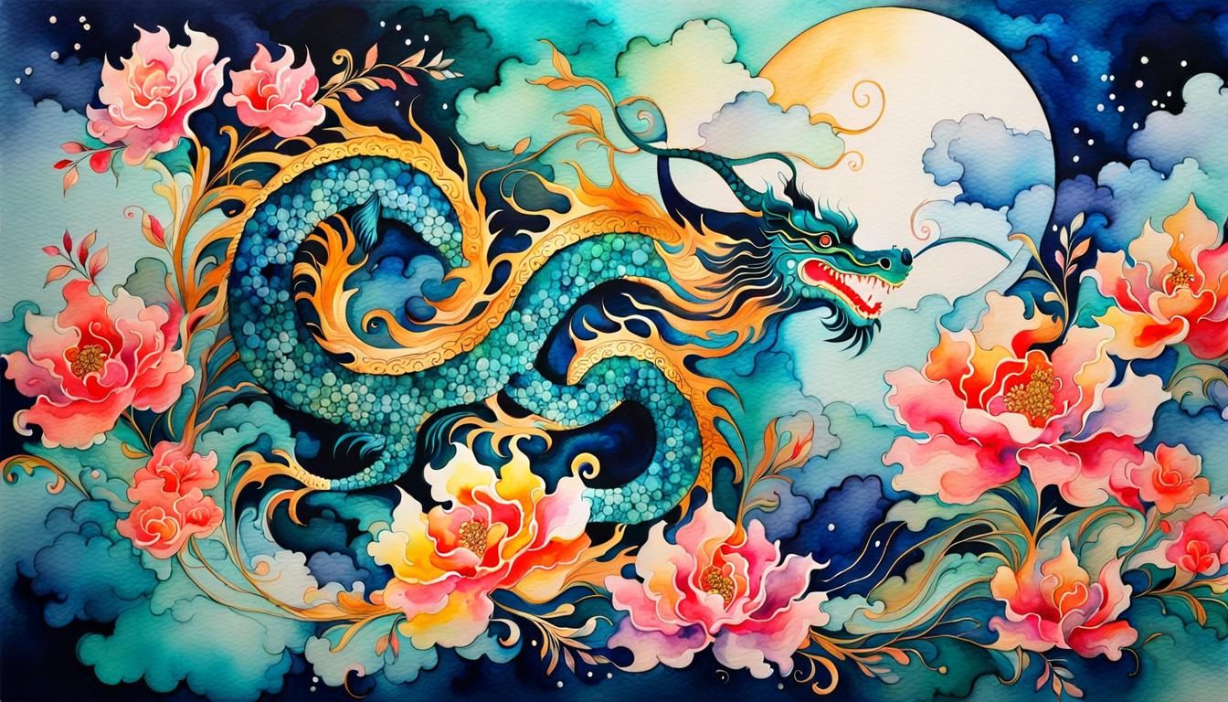 Chinese art style; watercolor, alcohol ink; Dragon