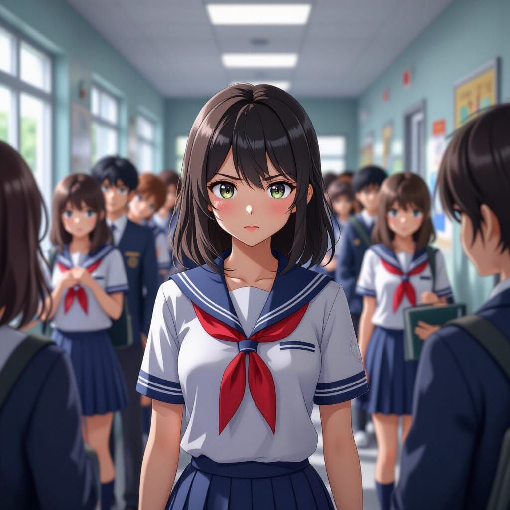 Anime Girl in Crowded Hallway in 3D Anime Style